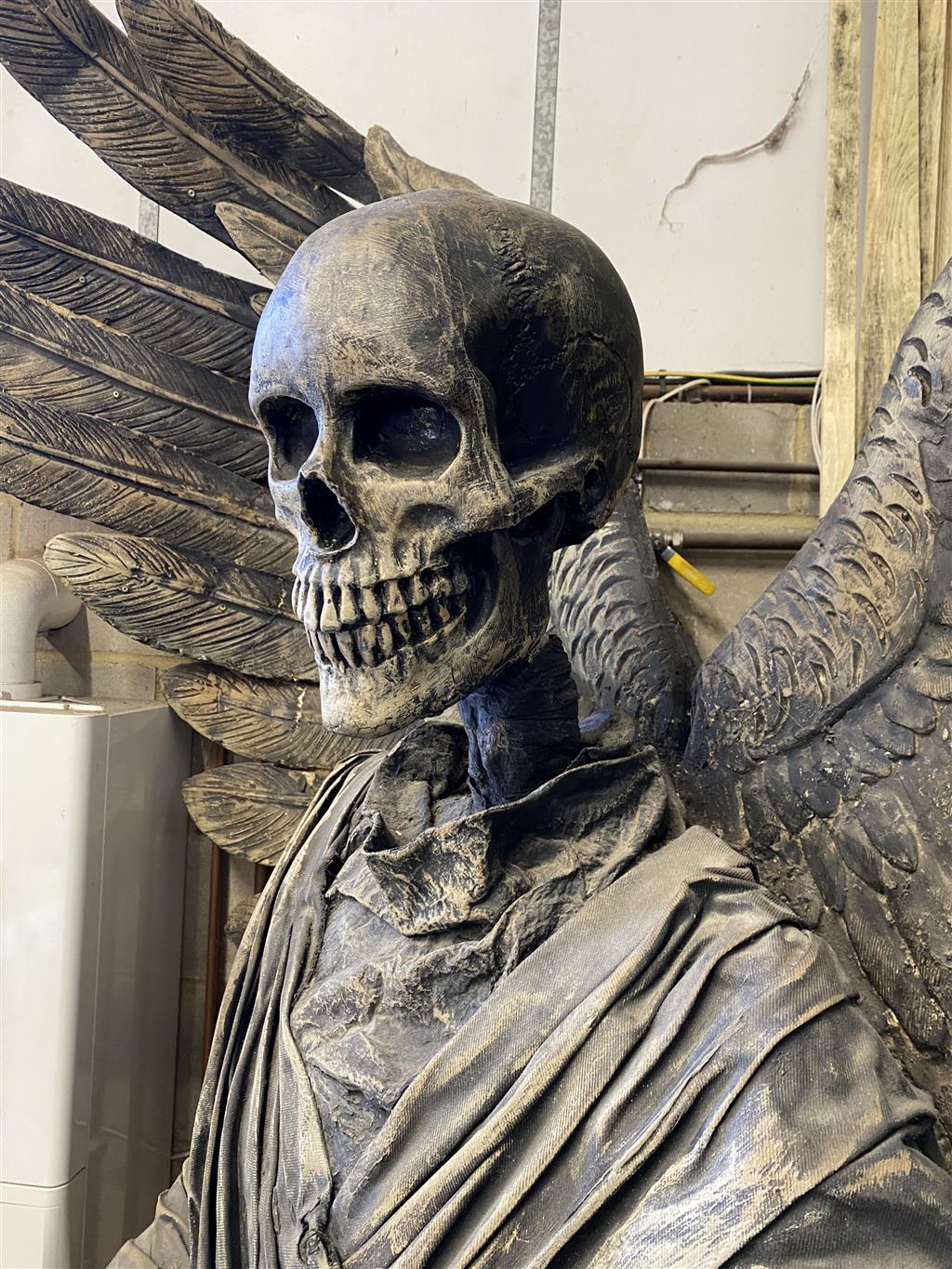 A composition and fabric theatrical figure The Angel of Death formerly modelled for Glyndebourne opera house and then in residence